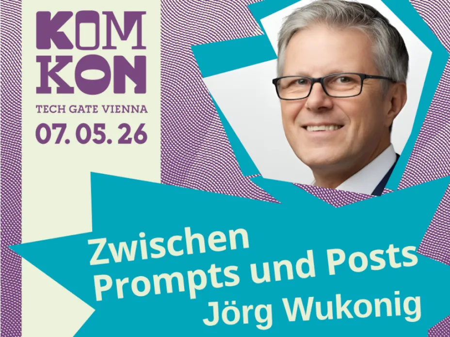 Jörg Wukonig als Panel-Teilnehmer bei der KomKon 2026 zum Thema „Zwischen Prompts und Posts“.